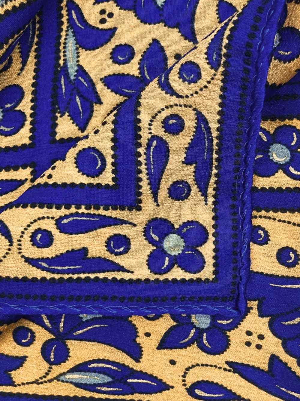 Vintage Albert Nipon 100% Silk Scarf Blue Gold Floral Hand Rolled 34x32